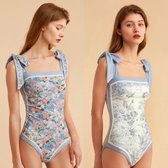 Retro Blue and White Floral Reversible Swimsuit with Shoulder Ties - Picture 3 of 16